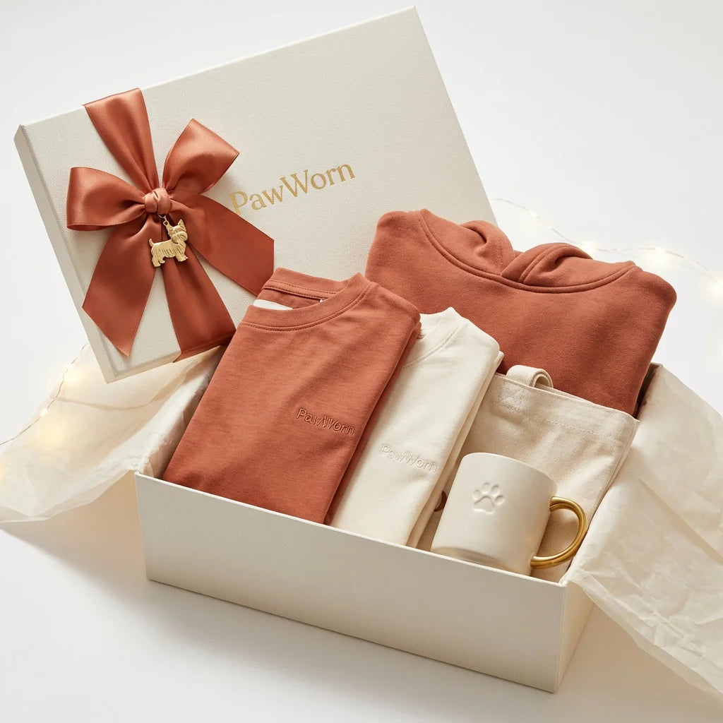 PawWorn Gift Box - The Full Set with terracotta ribbon and brand items