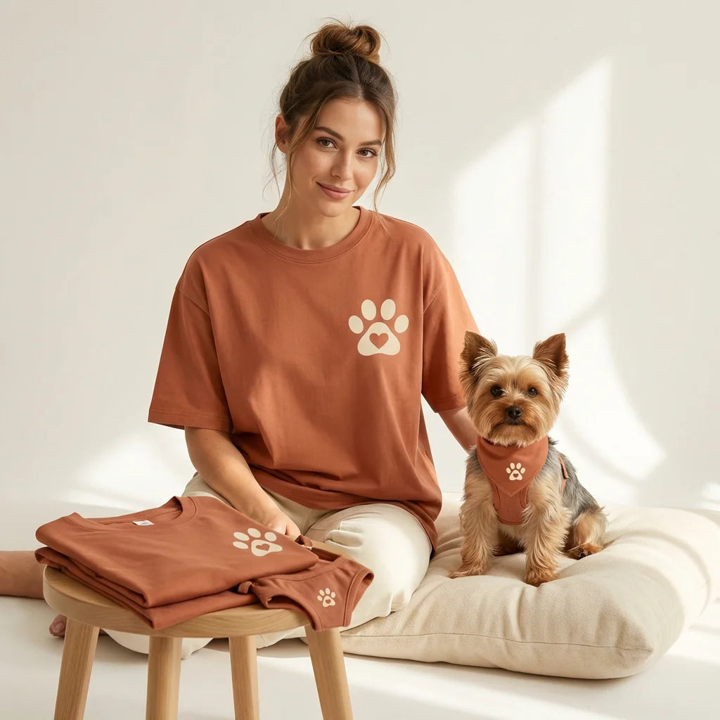 Pet Parent & Pet Matching Set - Woman and Yorkshire Terrier in matching terracotta outfits